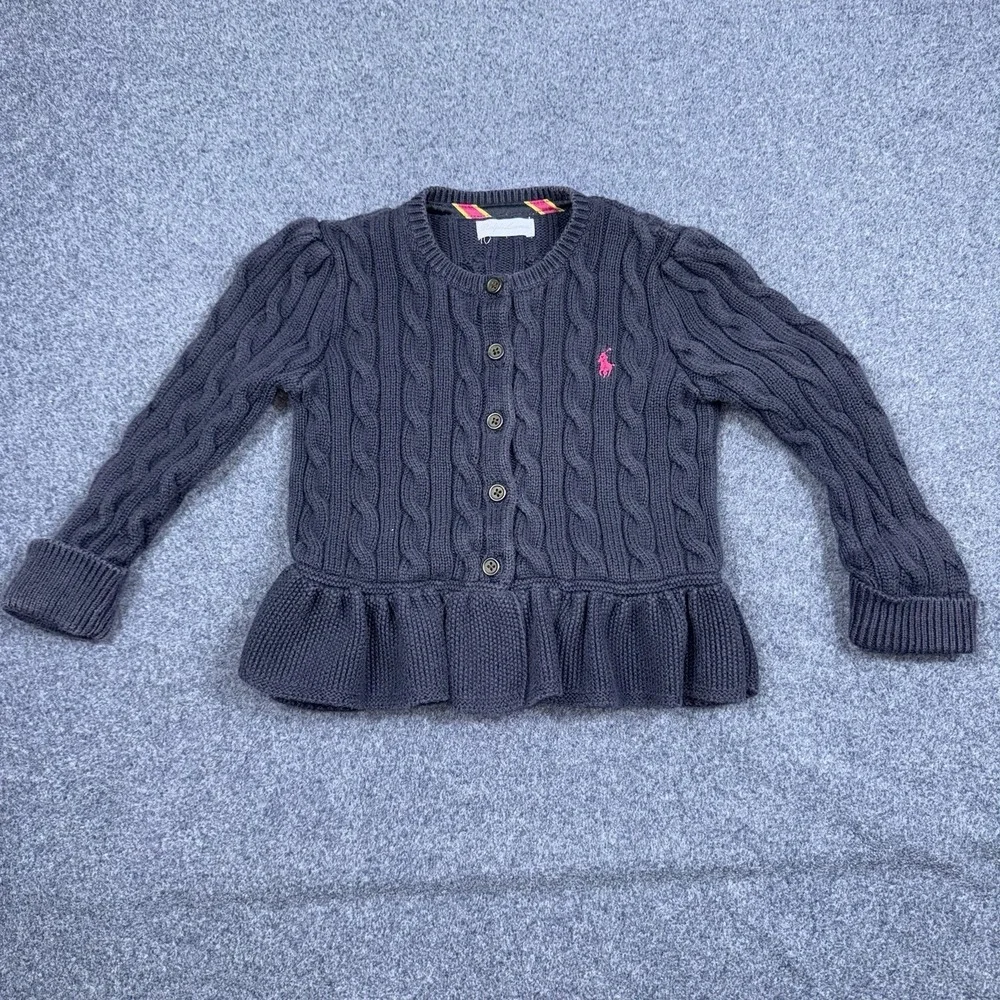 Ralph Lauren Peplum Cable Knit Sweater Toddler Girls 18M Navy Blue Pony Logo